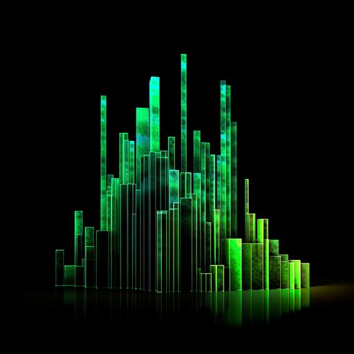 a blacklight painting style 3-d bar chart representing logarithmic growth, emerald green and black colors, black background, extra detailed, high-contrast --seed 2784591605 --v 5.1