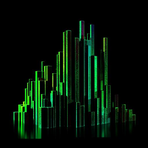 a blacklight painting style 3-d bar chart representing logarithmic growth, emerald green and black colors, black background, extra detailed, high-contrast --seed 2784591605 --v 5.1