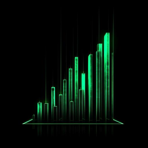 a blacklight painting style 4-bar chart expressing linear growth trend, emerald green and black colors, black background