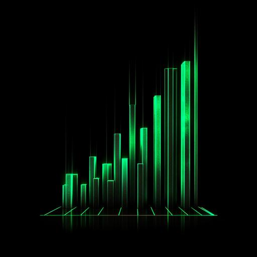 a blacklight painting style 4-bar chart expressing linear growth trend, emerald green and black colors, black background