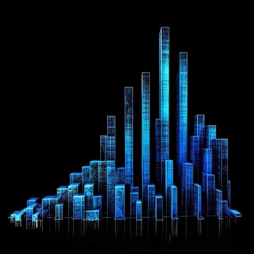 a blacklight painting style exponential growth 3-d bar chart, electric blue and black colors, black background, extra detailed, high-contrast --seed 2784591605