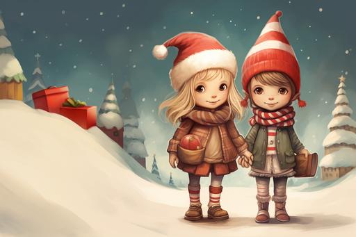 a blond little girl and a thin tall brown haired elf toy who wears red and white striped socks, red sweater and a red santa hat travel the world together, illustration, stylize 500