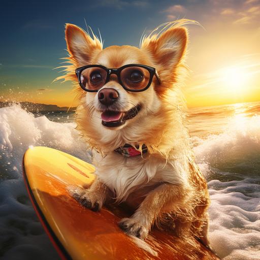 a blond long haired chihuahua standing on a surfboard while surfing waves in front of kauaii, wearing round sunglasses with yellow glass, light is orange sunset v5