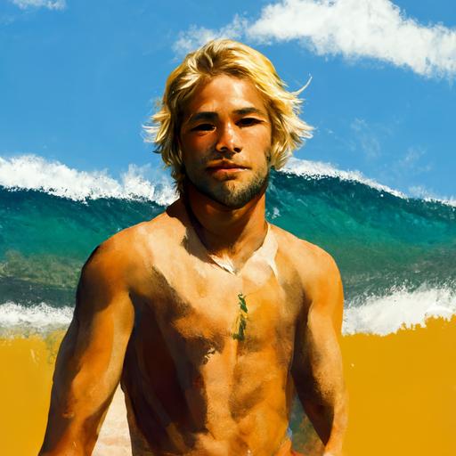 a blond surfer guy holding a sign saying Vicente in a hawaiian beach in a sunny day