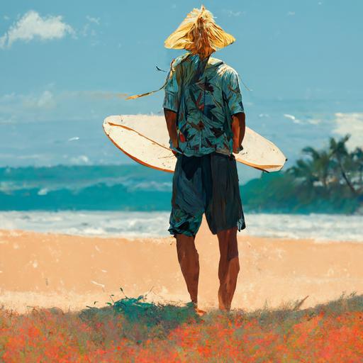 a blond surfer guy holding a sign saying Vicente in a hawaiian beach in a sunny day