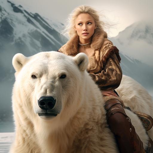 a blonde Turkish girl riding a polar bear in Alaska, high details, beautiful woman, native populations, scientific expedition