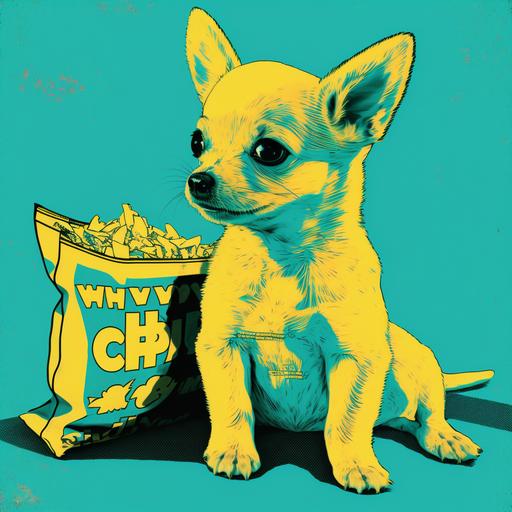 a blonde baby chihuahua eats Chips. Pop Art