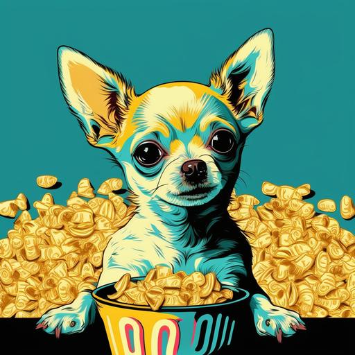 a blonde baby chihuahua eats Chips. Pop Art