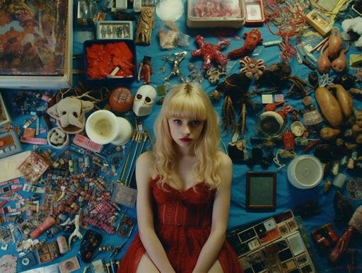 a blonde nightcore girl in bikini outfits, Kubrick Stare, lots of specimens in front of her, knolling layer, knolling:: Guillermo del Toro style, 35mm, 1980 - present, 1980s movie, cottagepunk, vintage --ar 4:3 --s 750 --v 5.1