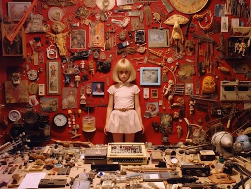 a blonde nightcore girl in bikini outfits, Kubrick Stare, lots of specimens in front of her, knolling layer, knolling:: Guillermo del Toro style, 35mm, 1980 - present, 1980s movie, cottagepunk, vintage --ar 4:3 --s 750 --v 5.1