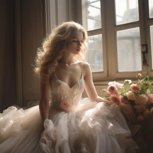 a blonde pale skinned model with long crimped hair in a white tulle ballgown in a light filled room filled with romantic flowers in Paris