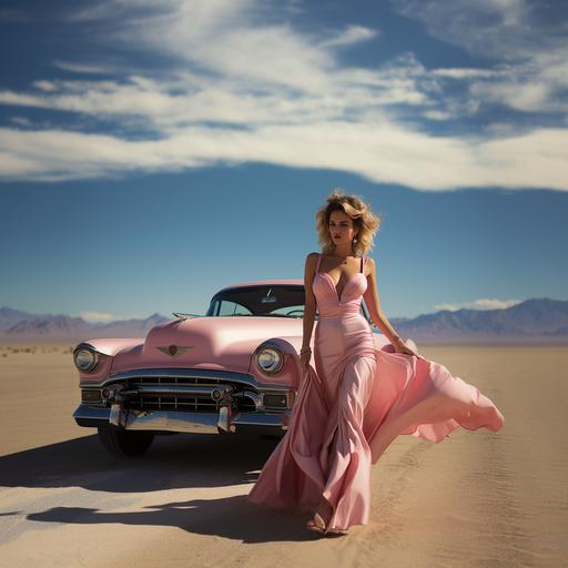 a blonde with a flowing silk scarf drives a pink Cadillac convertible along an American highway, hi resolution photo --s 750 --v 5.2