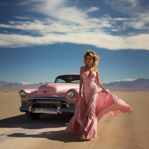 a blonde with a flowing silk scarf drives a pink Cadillac convertible along an American highway, hi resolution photo --s 750 --v 5.2