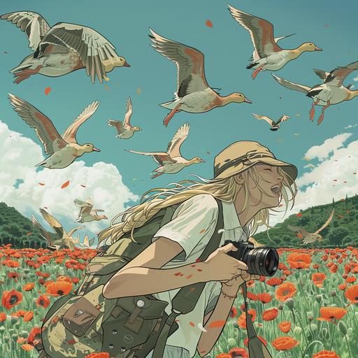 a blonde woman with a cap with a camera in the middle in poppy field and a montain landscape in background style manga hayao Miyazaki, with angry ducks flying all around and attacking the woman