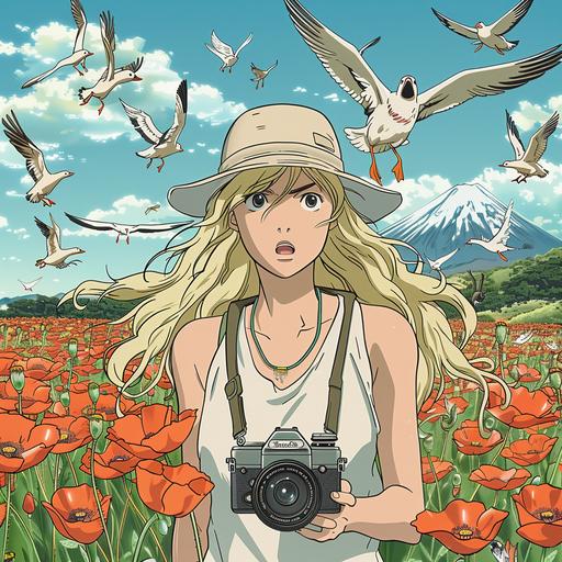 a blonde woman with a cap with a camera in the middle in poppy field and a montain landscape in background style manga hayao Miyazaki, with angry ducks flying all around and attacking the woman