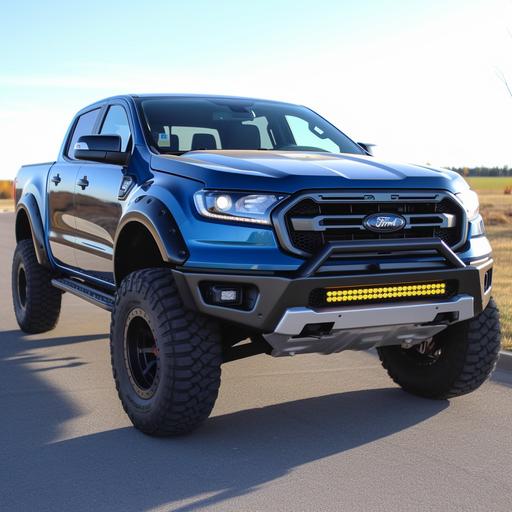 a blue 2020 Ford Ranger FX4 with Ford Ranger Raptor front and rear fenders, same front grill, same valance, replace the front bumper with a stock Ford Ranger Raptor bumper based on this picture