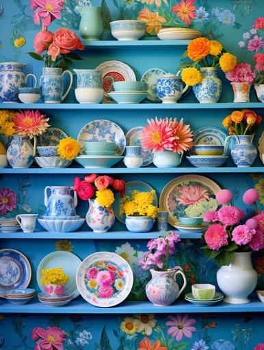 a blue and floral decoupage patterned wallpaper holds dishes and dishes, in the style of light turquoise and yellow, vibrant, neon colors, multilayered, bold use of color, pictorial space, cottagepunk, passage --ar 3:4