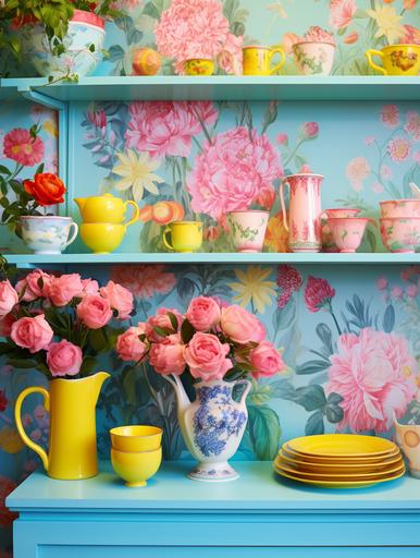 a blue and floral decoupage patterned wallpaper holds dishes and dishes, in the style of light turquoise and yellow, vibrant, neon colors, multilayered, bold use of color, pictorial space, cottagepunk, passage --ar 3:4