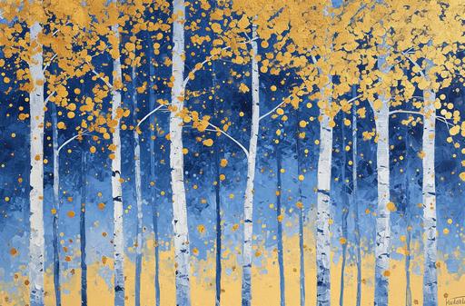 a blue and gold painting showing trees in the forest, in the style of confetti-like dots, light white and bronze, outdoor art, chromatic purity, light blue and white, scarlett hooft graafland, heavy use of palette knives --ar 62:41 --v 6.0