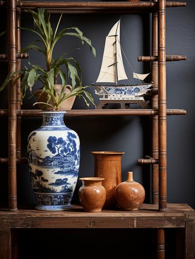 a blue and white vase on a wooden table near a tall boat on a shelf, in the style of edo period, eccentric props, guercino, rounded, floral motifs, 32k uhd, tondo --ar 3:4