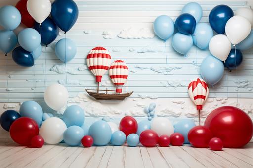 a blue balloon themed backdrop against a wall, in the style of maritime scenes, white background, detailed background elements, colorful, eye-catching compositions, light red and light navy, light blue and light beige, monochromatic color scheme --ar 125:83