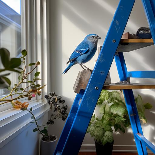 a blue bird perched on a ladder in a modern dining room with a blue tool box on the floor