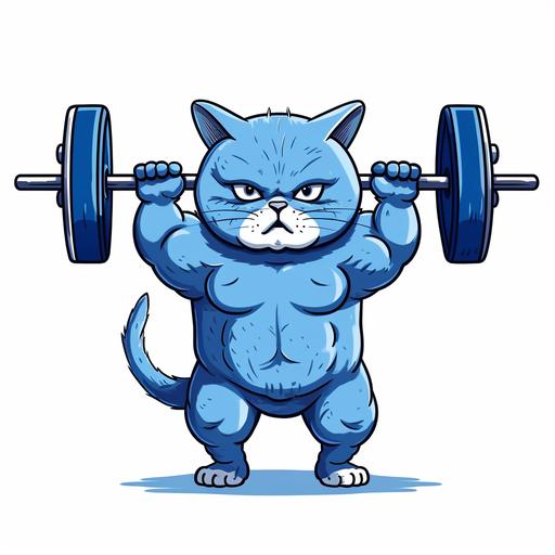 a blue cat that is jacked doing squats with lots of weight on the bar. white background, simple image, outlined in white