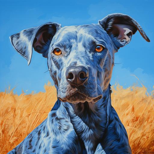 a blue dog, rolling in orange grass, blue sky