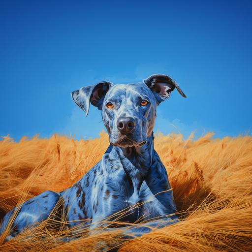 a blue dog, rolling in orange grass, blue sky