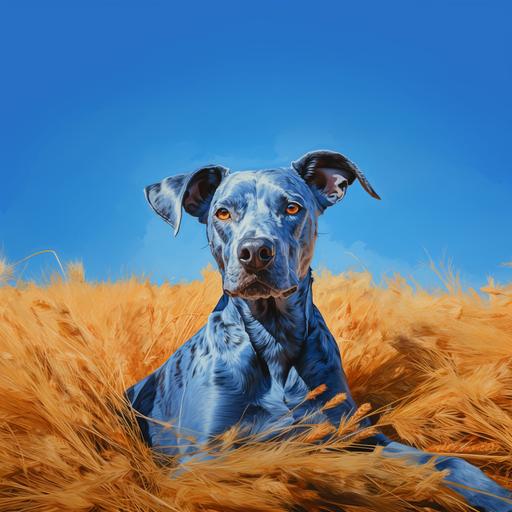 a blue dog, rolling in orange grass, blue sky, smiling