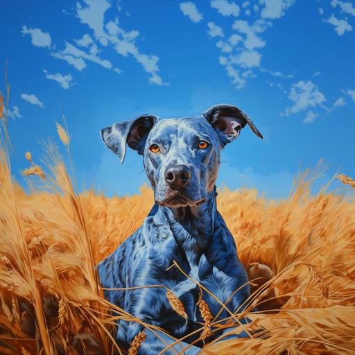 a blue dog, rolling in orange grass, blue sky, smiling, oil paint