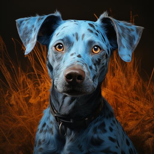 a blue dog, rolling in orange grass