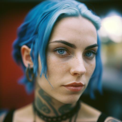 a blue haired female, goth, septum piercing, snake bite piercings, tattoos,close up portrait of one person, photograph, 35mm film, SLR, kodak portra ISO 160, sharp focus