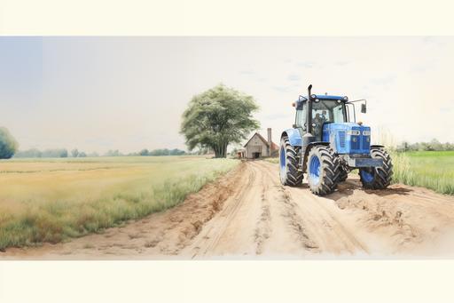 a blue new holland tractor on a small country road, pencil drawing style