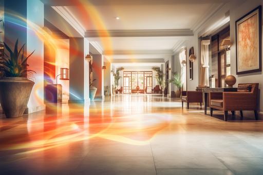 a blurry image of a foyer in a hotel with hardwood flooring, in the style of vibrant airy scenes, goa-insprired motifs, uhd image, blurred, dreamlike atmosphere --ar 3:2