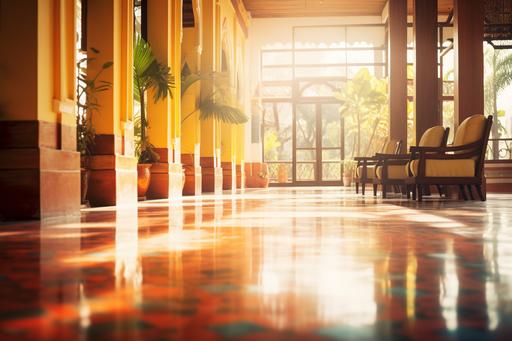 a blurry image of a foyer in a hotel with hardwood flooring, in the style of vibrant airy scenes, goa-insprired motifs, uhd image, blurred, dreamlike atmosphere --ar 3:2
