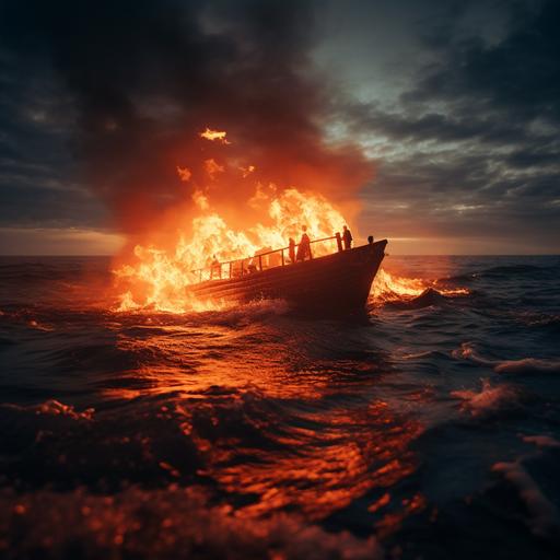 a boat on fire in the middle of the ocean that looks like a photo