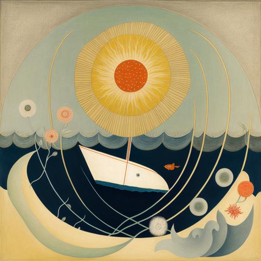 a boat sailing under the sea near a coral reef, a painting by hilma af klint on yellowed canvas, acrylic, taken as a polaroid