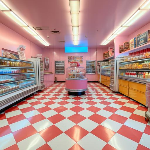 a bodega store that is pink and has a pink and white checkered floor