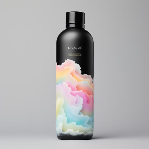 a body lotion unique bottle that is black and has pastel rainbow clouds on it