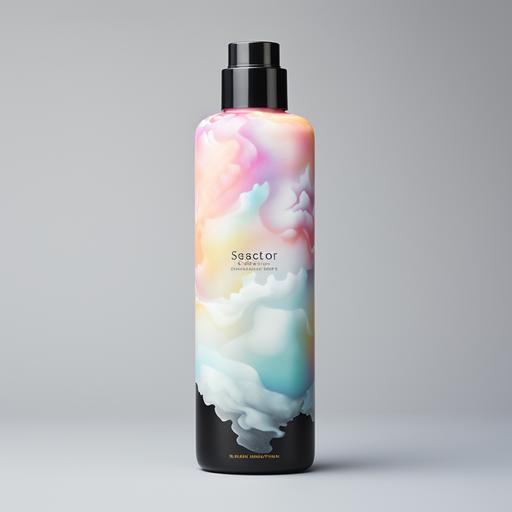 a body lotion unique bottle that is black and has pastel rainbow clouds on it