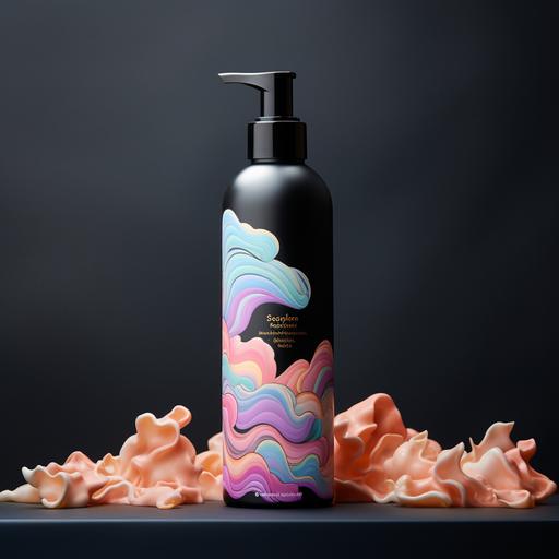 a body lotion unique bottle that is black and has pastel rainbow clouds on it