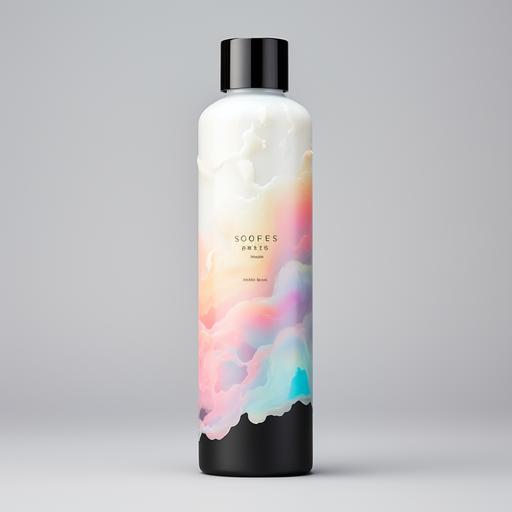 a body lotion unique bottle that is black and has pastel rainbow clouds on it