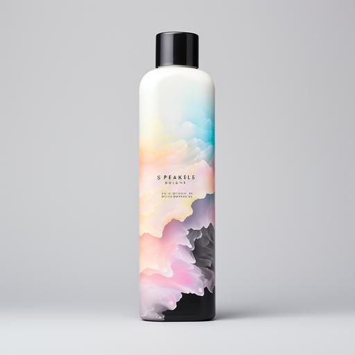 a body lotion unique bottle that is black and has pastel rainbow clouds on it