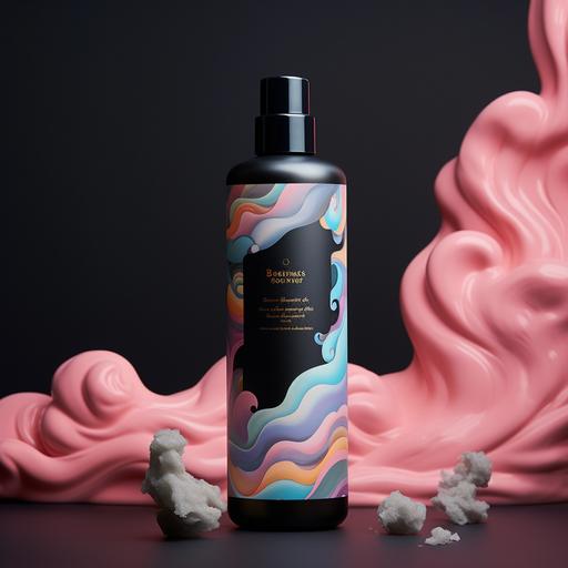 a body lotion unique bottle that is black and has pastel rainbow clouds on it