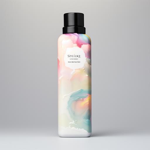 a body lotion unique bottle that is black and has pastel rainbow clouds on it