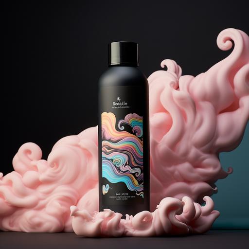 a body lotion unique bottle that is black and has pastel rainbow clouds on it