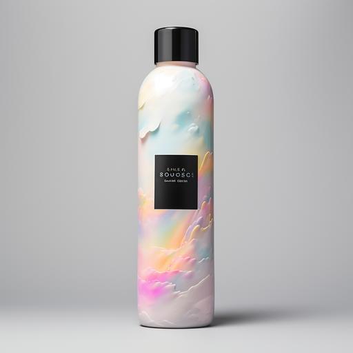 a body lotion unique bottle that is black and has pastel rainbow clouds on it