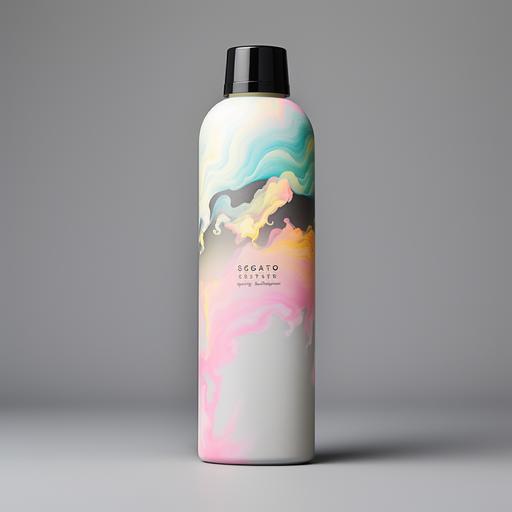 a body lotion unique bottle that is black and has pastel rainbow clouds on it