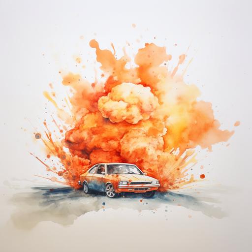 a bomb under a car, The background is made of orange watercolour water colours on a white background. In the middle of the picture there are stains formed by this watercolor that go over each other in different ways kind of resembling dissolved smoke. The background doesn't touch the edge of the picture at all and is just in space